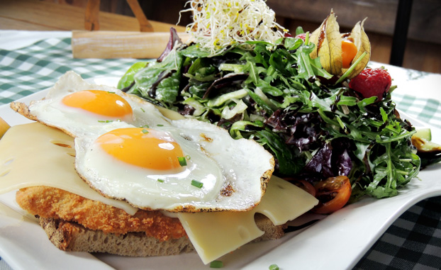 Schnitzels-Max - paniertes Schweineschnitzel auf geröstetem Baunbrot, belegt mit Emmentaler und 2 Spiegeleiern, auf einem Teller angerichtet mit Salat